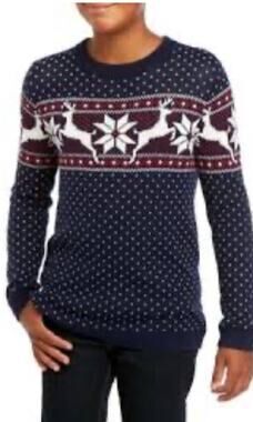 Crown & Ivy Christmas Fair Isle Reindeer Sweater Boys LARGE Navy Blue 100% Cottn